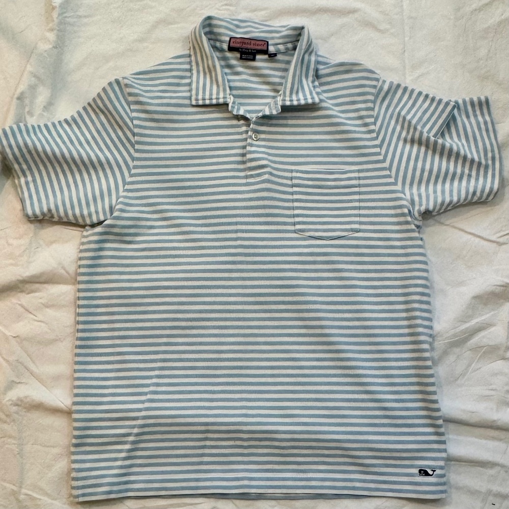 Vineyard Vines Cotton Men’s Medium Polo blue-gray and white striped with pocket